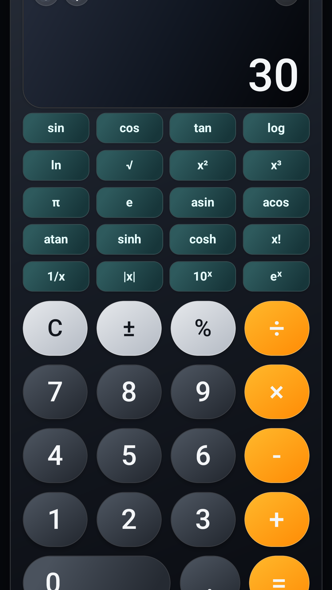 Pantalla del modo científico de la calculadora